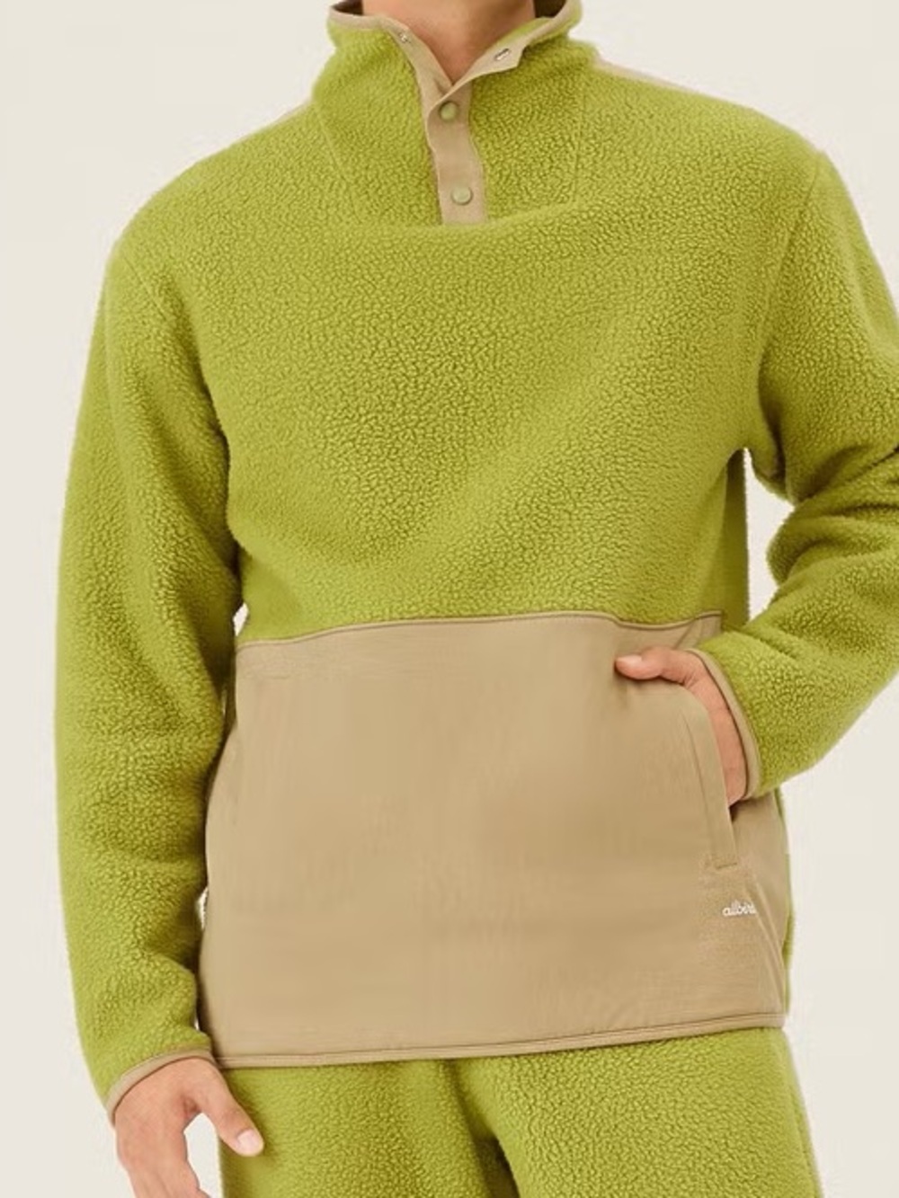 Allbirds Men’s Fluff Fleece Pullover Medium Hazy Lime Beige Colorblock Snap
